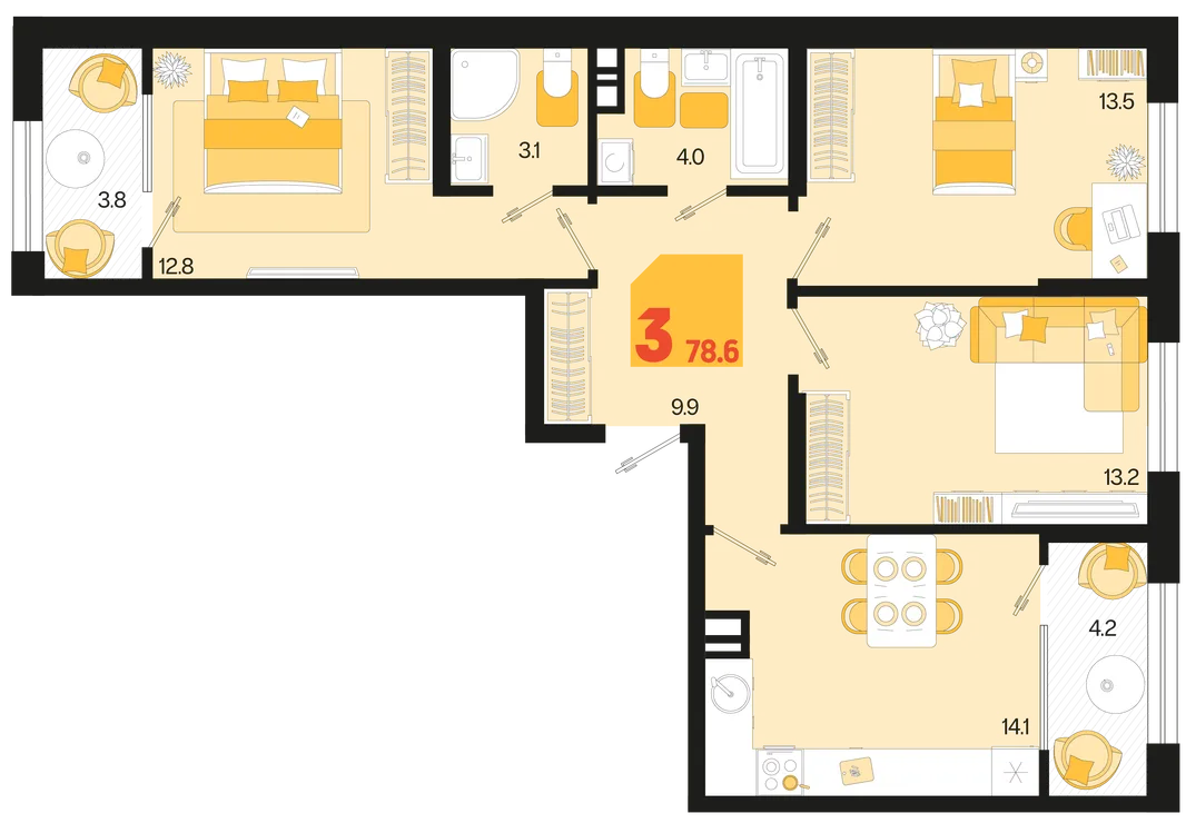 Планировка 3-комн. квартира, 78.6 м² ЖК «Первое место»