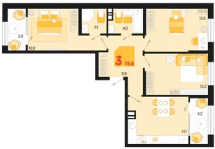 Планировка 3-комн. квартира, 78.6 м² ЖК «Первое место»
