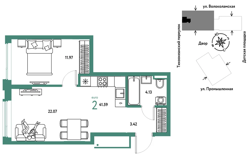 Планировка 2-комн. квартира, 41.59 м² ЖК «Страна Прибрежная»