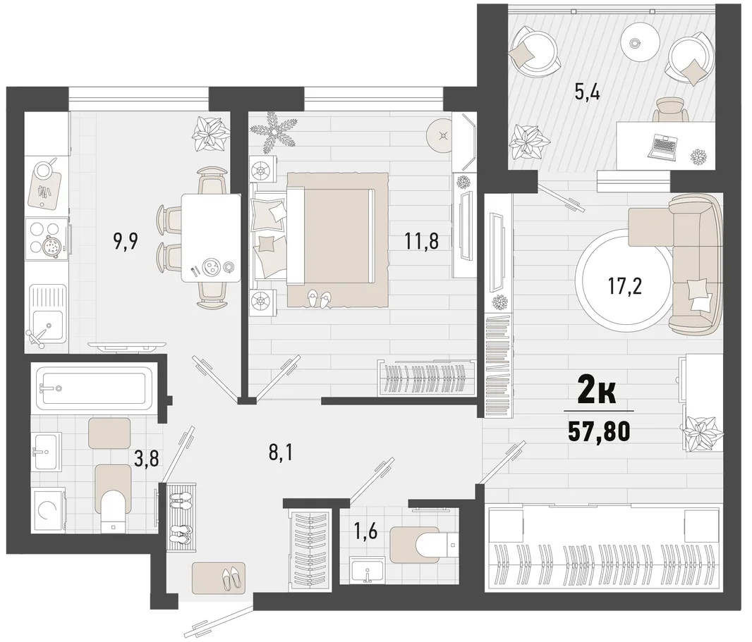 Планировка 2-комн. квартира, 57.8 м² ЖК «Барса»