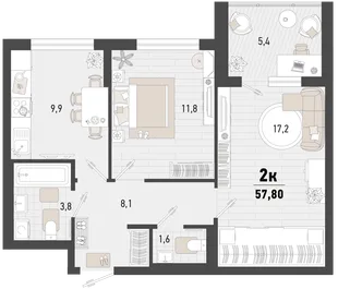Планировка 2-комн. квартира, 57.8 м² ЖК «Барса»