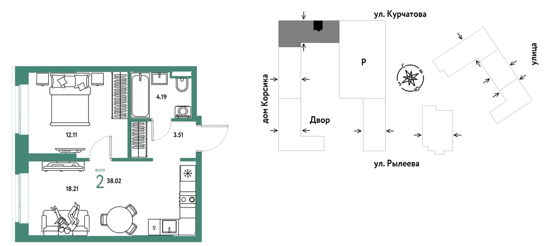Планировка 2-комн. квартира, 38.02 м² ЖК «Остров-сад»