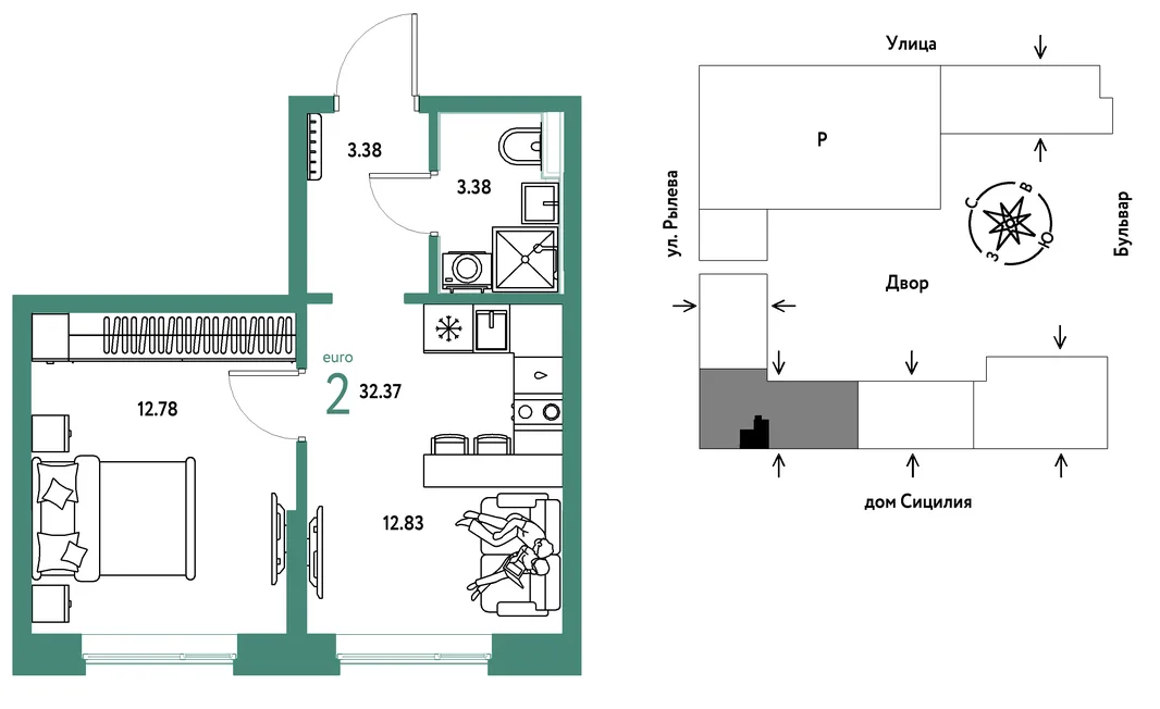 Планировка 2-комн. квартира, 32.37 м² ЖК «Остров-сад»