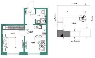 Планировка 2-комн. квартира, 32.37 м² ЖК «Остров-сад»