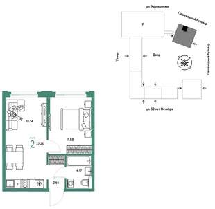 Планировка 2-комн. квартира, 37.25 м² ЖК «Сердце Сибири»