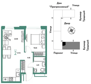 Планировка 2-комн. квартира, 41.12 м² ЖК «Микрорайон Домашний»