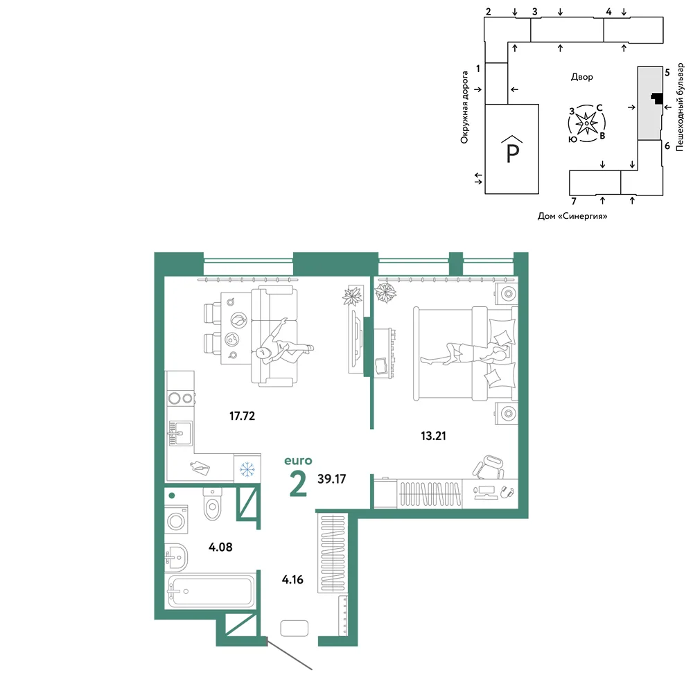 Планировка 2-комн. квартира, 37.17 м² ЖК «Юнион»