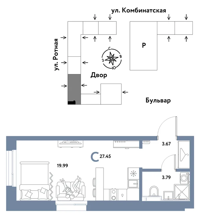 Планировка Студия, 27.45 м² ЖК «Уральский сад» Планировка Студия, 27.45 м² ЖК «Уральский сад»