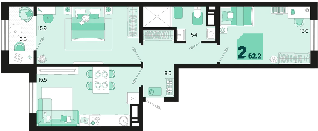 Планировка 2-комн. квартира, 62.2 м² ЖК «Первое место»