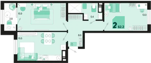 Планировка 2-комн. квартира, 62.2 м² ЖК «Первое место»