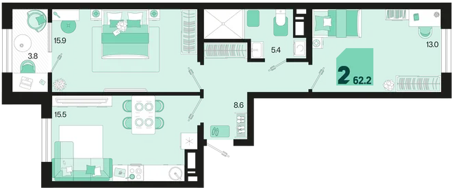 Планировка 2-комн. квартира, 62.2 м² ЖК «Первое место» Планировка 2-комн. квартира, 62.2 м² ЖК «Первое место»