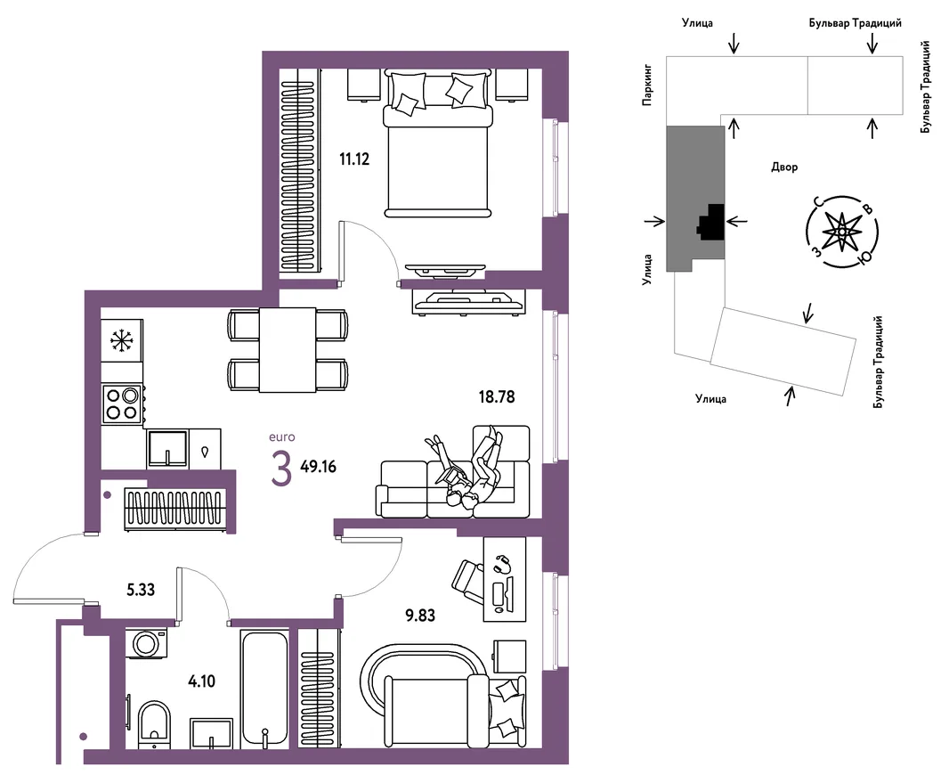 Планировка 3-комн. квартира, 49.16 м² ЖК «Микрорайон Домашний»