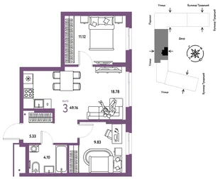 Планировка 3-комн. квартира, 49.16 м² ЖК «Микрорайон Домашний»