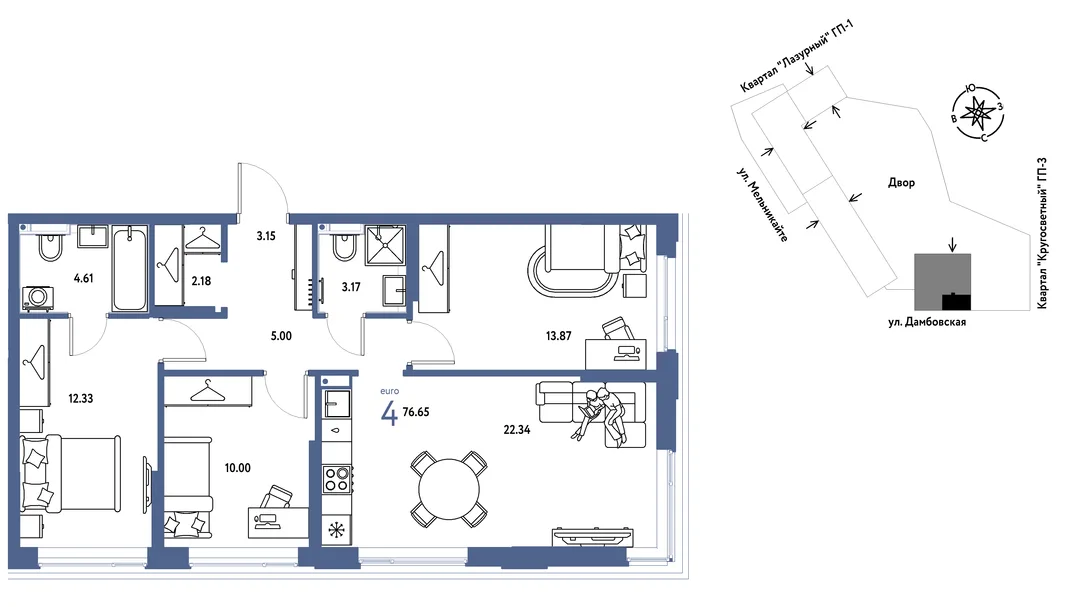 Планировка 4-комн. квартира, 76.65 м² ЖК «Страна Прибрежная»