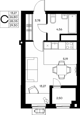 Планировка Студия, 29.3 м² ЖК «Прибрежный дом»
