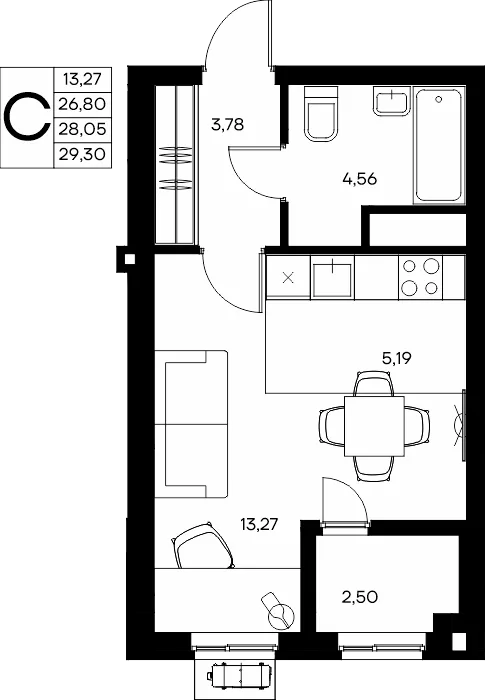 Планировка Студия, 29.3 м² ЖК «Прибрежный дом»