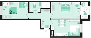 Планировка 2-комн. квартира, 63.2 м² ЖК «Первое место»