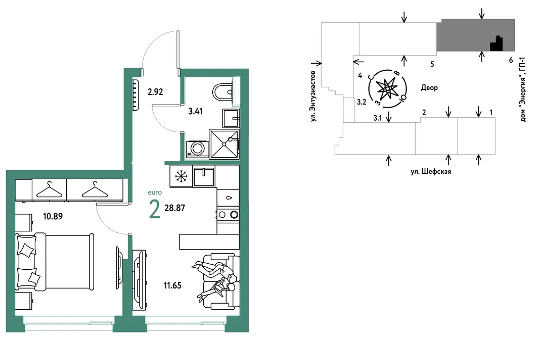 Планировка 2-комн. квартира, 28.87 м² ЖК «Страна.Энтузиастов»