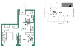 Планировка 2-комн. квартира, 28.87 м² ЖК «Страна.Энтузиастов»