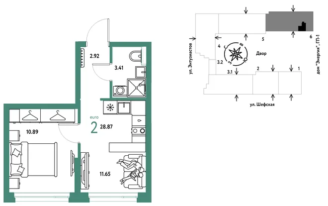 Планировка 2-комн. квартира, 28.87 м² ЖК «Страна.Энтузиастов»