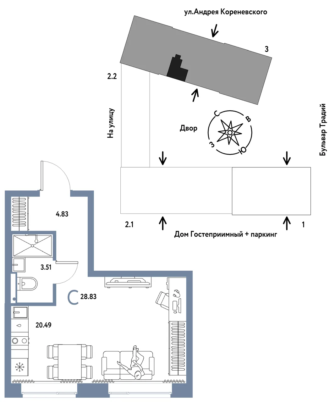 Планировка Студия, 28.83 м² ЖК «Микрорайон Домашний»