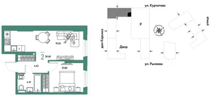 Планировка 2-комн. квартира, 39 м² ЖК «Остров-сад»