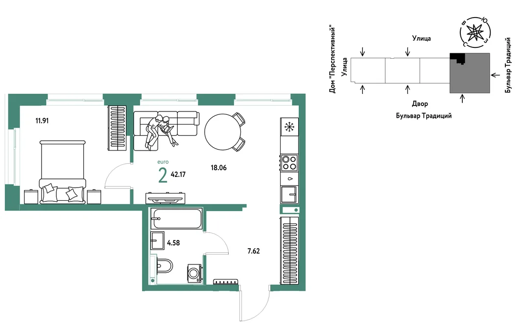 Планировка 2-комн. квартира, 42.17 м² ЖК «Микрорайон Домашний»