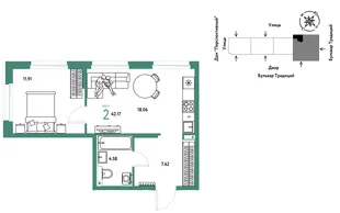 Планировка 2-комн. квартира, 42.17 м² ЖК «Микрорайон Домашний»
