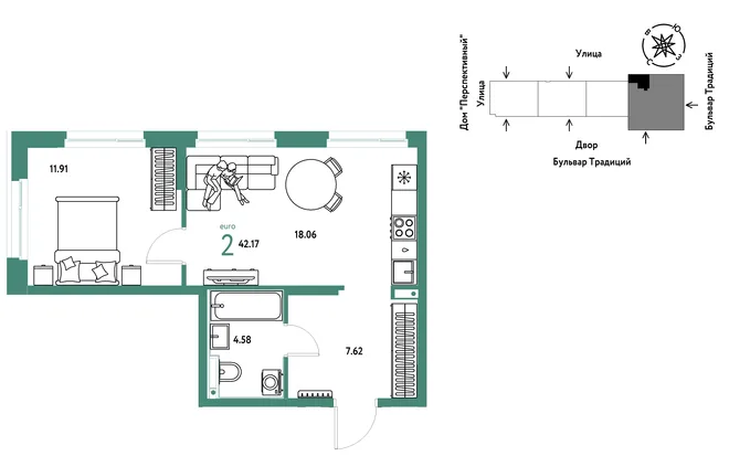 Планировка 2-комн. квартира, 42.17 м² ЖК «Микрорайон Домашний»
