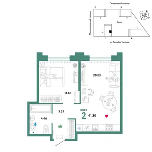 Планировка 2-комн. квартира, 41.3 м² ЖК «Микрорайон Звездный»
