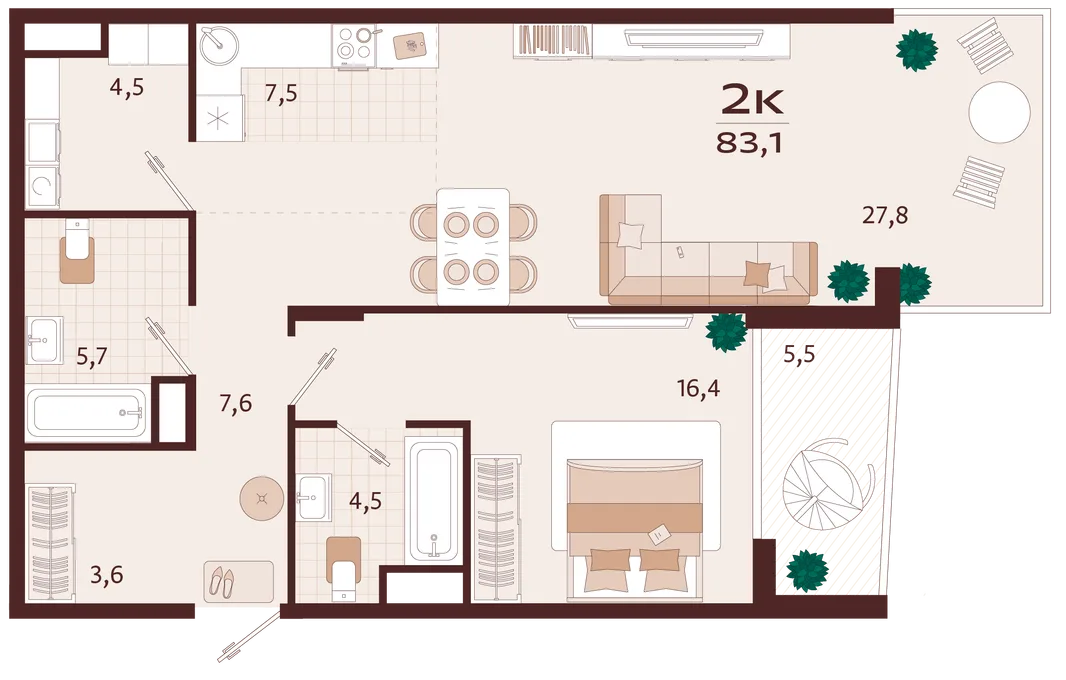 Планировка 2-комн. квартира, 83.1 м² ЖК «Роялта»