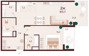 Планировка 2-комн. квартира, 83.1 м² ЖК «Роялта»