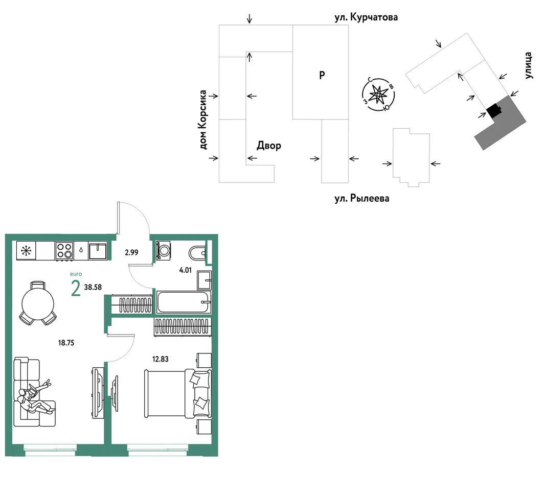 Планировка 2-комн. квартира, 38.75 м² ЖК «Остров-сад»