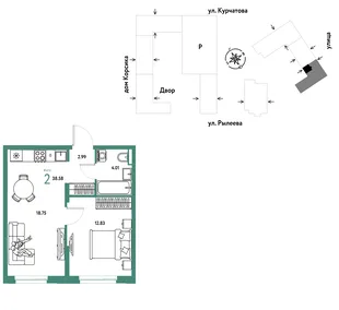 Планировка 2-комн. квартира, 38.75 м² ЖК «Остров-сад»