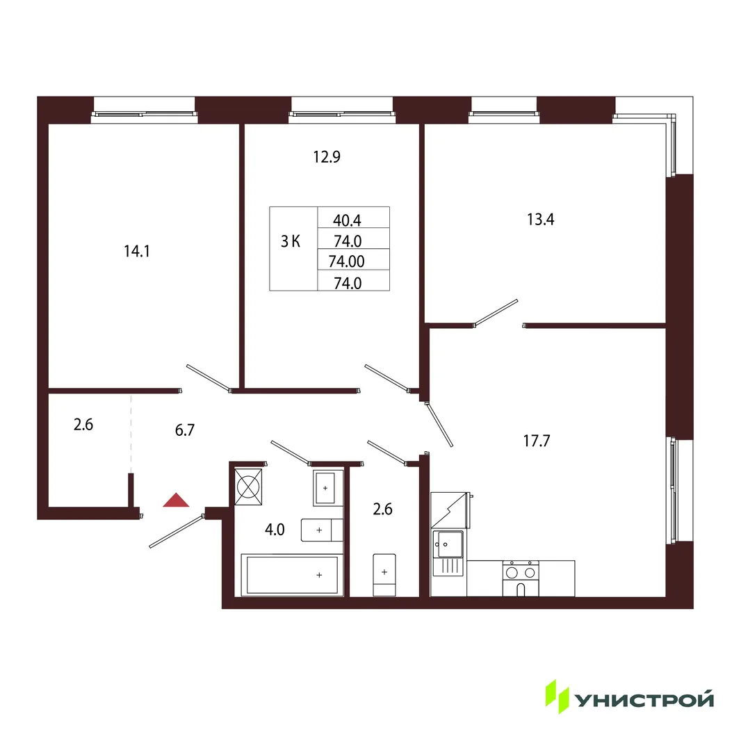 Планировка 3-комн. квартира, 74 м² ЖК «Лисино»