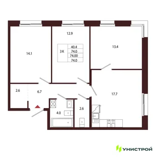 Планировка 3-комн. квартира, 74 м² ЖК «Лисино»