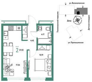 Планировка 2-комн. квартира, 37.05 м² ЖК «Страна Прибрежная»
