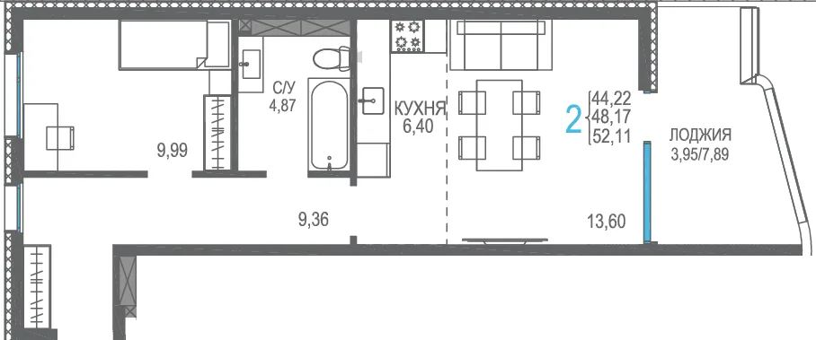 Планировка 2-комн. квартира, 52.11 м² ЖК «Розовое озеро»