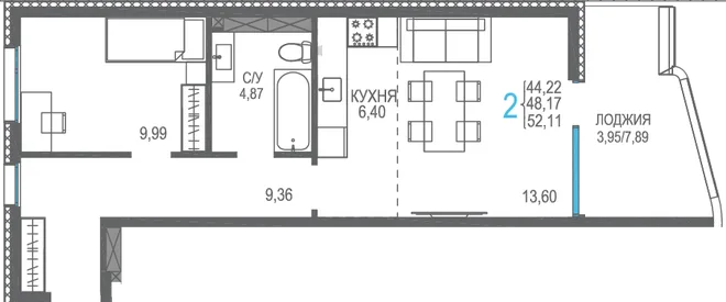 Планировка 2-комн. квартира, 52.11 м² ЖК «Розовое озеро»