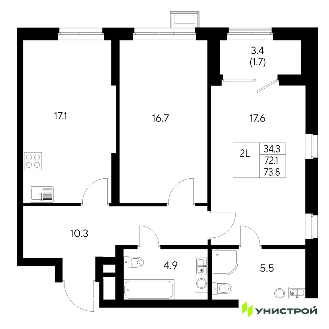 Планировка 2-комн. квартира, 73.8 м² ЖК «Стадиум»