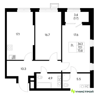 Планировка 2-комн. квартира, 73.8 м² ЖК «Стадиум»