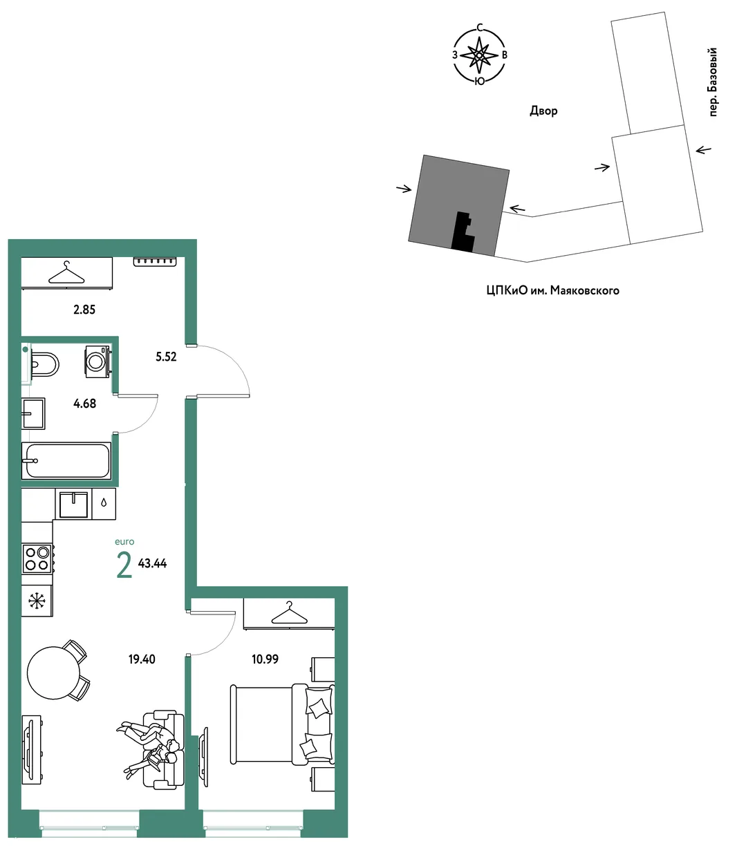 Планировка 2-комн. квартира, 43.44 м² ЖК «Сибирский сад»