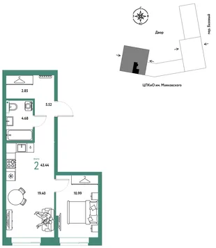 Планировка 2-комн. квартира, 43.44 м² ЖК «Сибирский сад»