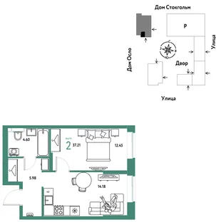 Планировка 2-комн. квартира, 37.22 м² ЖК «Европейский берег 2.0»