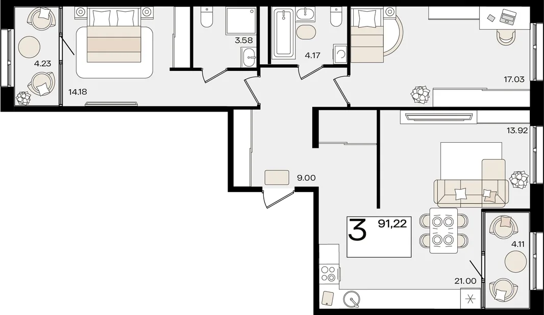 Планировка 3-комн. квартира, 91.13 м² ЖК «Патрики»