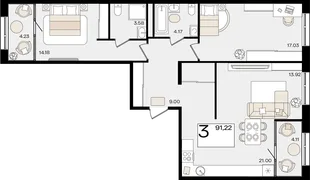 Планировка 3-комн. квартира, 91.13 м² ЖК «Патрики»