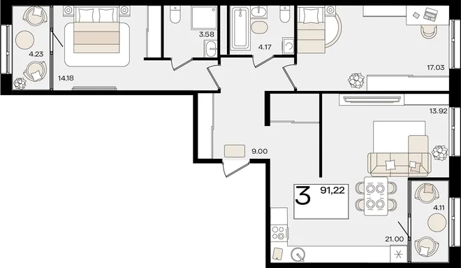 Планировка 3-комн. квартира, 91.13 м² ЖК «Патрики» Планировка 3-комн. квартира, 91.13 м² ЖК «Патрики»