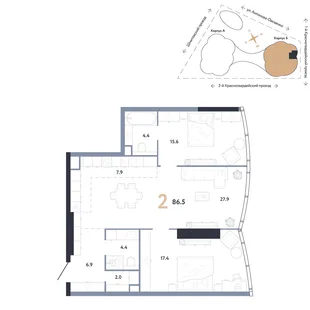 Планировка 2-комн. квартира, 86.5 м² ЖК «АУРУС Резиденции»