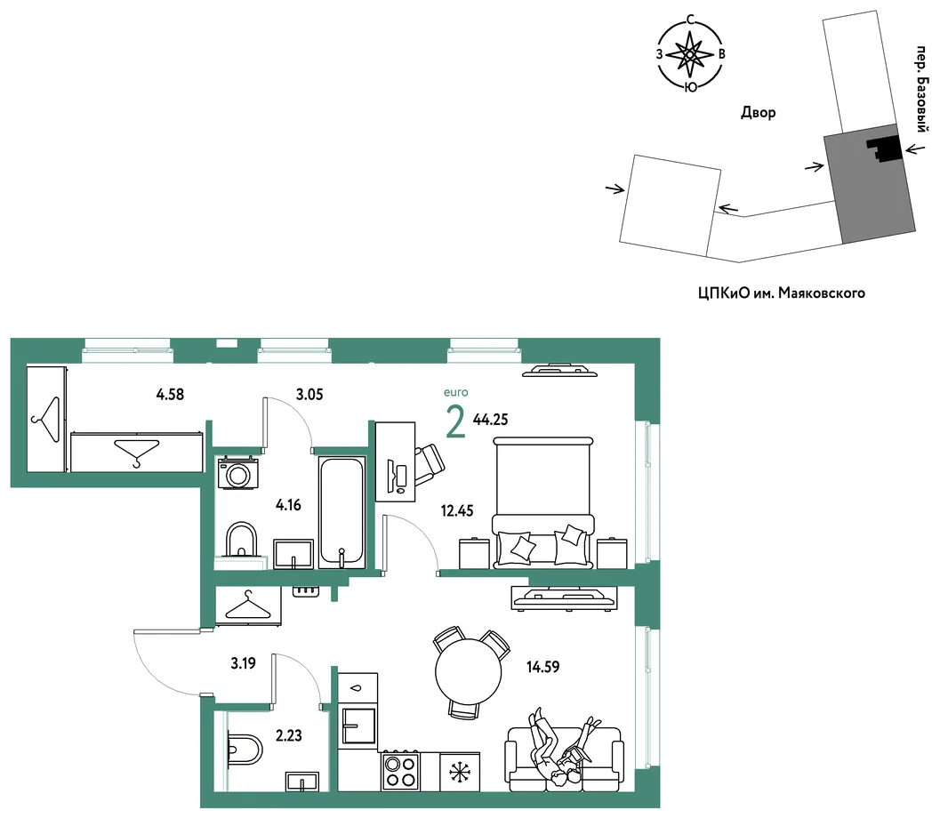 Планировка 2-комн. квартира, 44.25 м² ЖК «Сибирский сад»