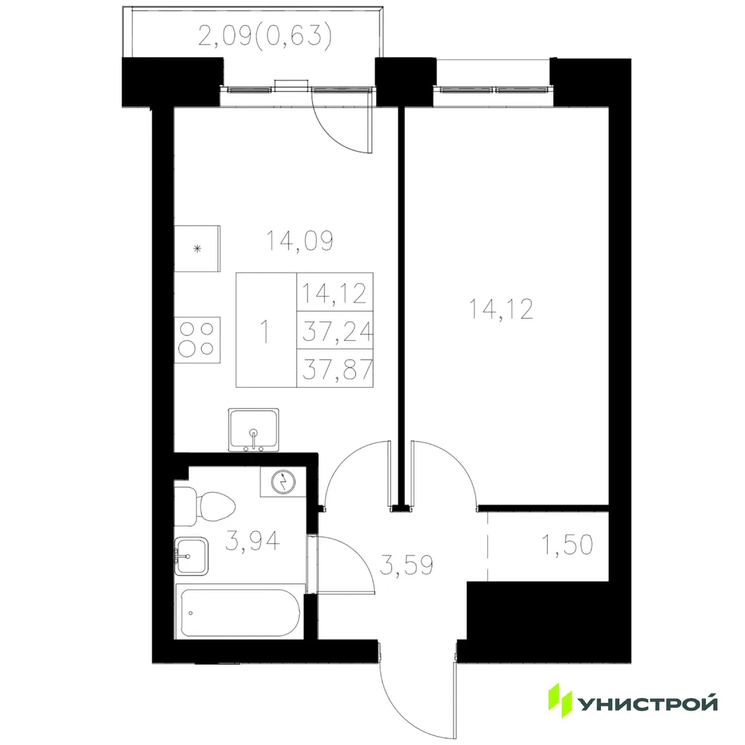 Планировка 1-комн. квартира, 37.87 м² ЖК «Statum»